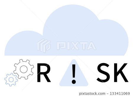Large cloud symbol with gear icons and warning triangle with exclamation mark forming the word RISK. Ideal for cybersecurity, IT management, cloud computing, data protection, risk assessment Large cloud symbol with gear icons and warning triangle with exclamation mark forming the word RISK. Ideal for cybersecurity, IT management, cloud computing, data protection, risk assessment 133411069
