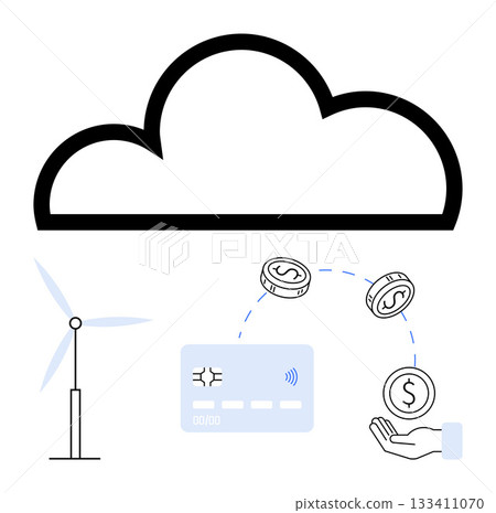 Cloud, wind turbine, credit card, hands, money coins for payment. Ideal for technology, finance, renewable energy eco-friendly cloud services digital transactions and futurism. Line metaphor 133411070