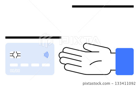 Hand reaching out to lightly touch a contactless payment card for transaction. Ideal for banking, contactless payment, security, convenience, technology, finance, digital transactions. Line metaphor Hand reaching out to lightly touch a contactless payment card for transaction. Ideal for banking, contactless payment, security, convenience, technology, finance, digital transactions. Line metaphor 133411092