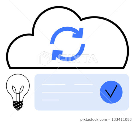 Cloud with synchronization arrows, lightbulb representing ideas, and checkmark on document suggest completed tasks. Ideal for productivity, cloud storage, idea management, task completion 133411093