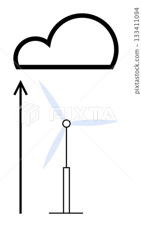 Wind turbine below a cloud with an upward arrow. Ideal for themes of energy, sustainability, innovation, technology, renewable sources, clean power, environmental conservation. Line metaphor Wind turbine below a cloud with an upward arrow. Ideal for themes of energy, sustainability, innovation, technology, renewable sources, clean power, environmental conservation. Line metaphor 133411094