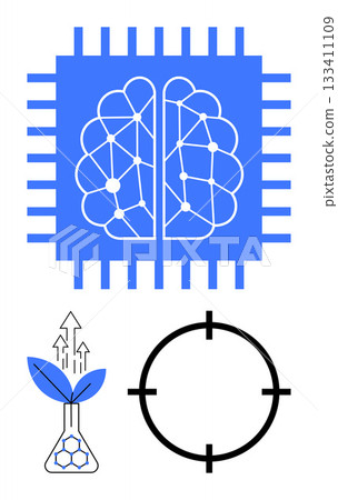 Blue microchip with brain diagram, biotech flask with leaves, and black target reticle depicting AI, biotechnology, and precision. Ideal for technology, innovation, biotechnology, AI research 133411109