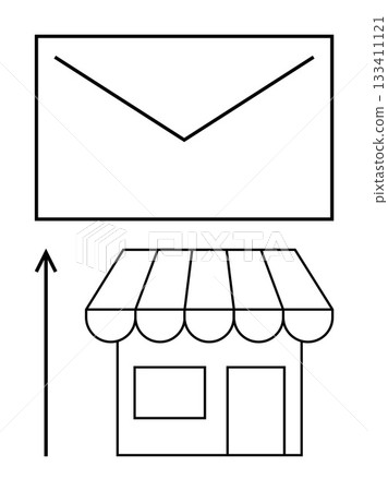 Envelope above storefront connected by an upward arrow. Ideal for communication, business, marketing, growth, e-commerce, local stores, digital transformation. Line metaphor 133411121
