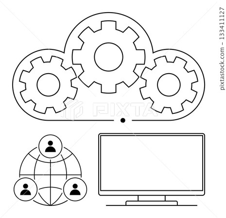 Cloud with gears representing cloud computing, network of interconnected people, and computer monitor. Ideal for technology, IT management, cloud services, data storage, collaboration, digital 133411127