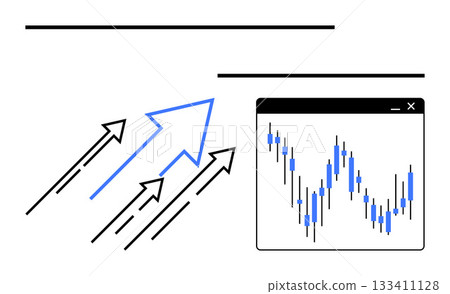 Arrows pointing upward beside a financial chart in a browser window. Ideal for financial growth, market trends, stock analysis, business forecasting, investment strategies, economic progress, success 133411128
