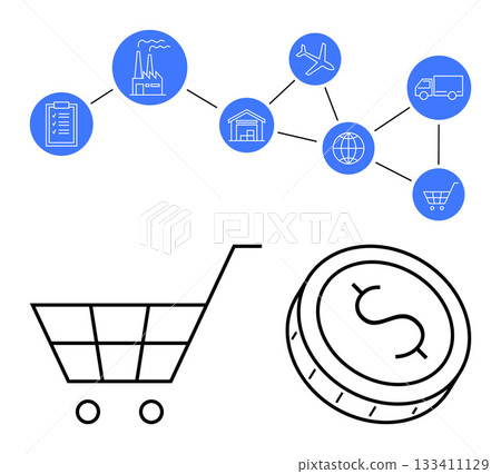 Network of production, logistics, warehousing, global transit, and retail elements linked together. Ideal for supply chain management, logistics, production planning, warehousing global trade Network of production, logistics, warehousing, global transit, and retail elements linked together. Ideal for supply chain management, logistics, production planning, warehousing global trade 133411129