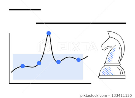 Graph with fluctuating line and data points alongside a chess knight symbol. Ideal for strategy, growth, planning, analysis, decision making, leadership. Line metaphor 133411130