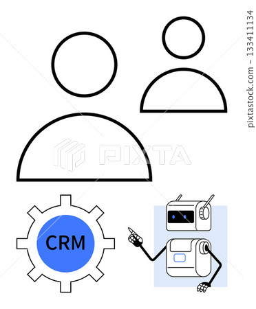 Two human icons CRM gear icon, and a robot figure. Ideal for customer support, technology, AI, integration, automation, user management, CRM systems. Line metaphor 133411134