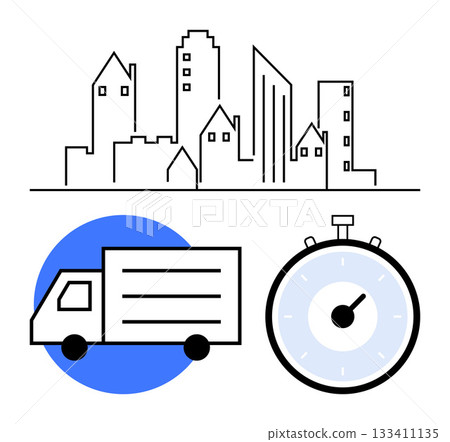 City skyline cargo truck in front of blue circle and stopwatch. Ideal for logistics, transportation, delivery services, punctuality, urban planning, efficiency, business. Line metaphor 133411135