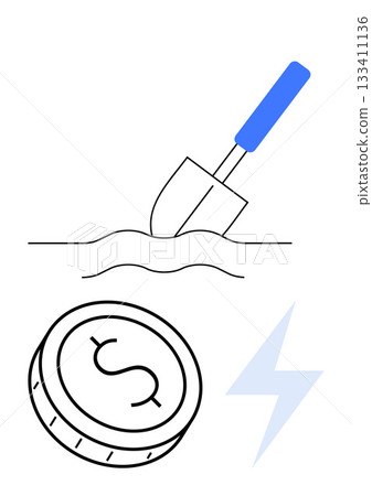 Shovel digging into ground with dollar coin and lightning bolt symbolizing energy, mining, and finance. Ideal for investment, energy, finance, mining, economy technology and growth. Line metaphor Shovel digging into ground with dollar coin and lightning bolt symbolizing energy, mining, and finance. Ideal for investment, energy, finance, mining, economy technology and growth. Line metaphor 133411136