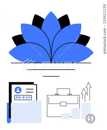 Lotus flower symbol above documents folder, briefcase, growth graph with arrows, and coin stack. Ideal for career development, business strategy, financial growth, personal improvement, corporate Lotus flower symbol above documents folder, briefcase, growth graph with arrows, and coin stack. Ideal for career development, business strategy, financial growth, personal improvement, corporate 133411139
