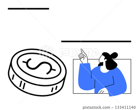 Woman in blue shirt points upward beside a large coin with a dollar symbol. Ideal for finance, investment, savings, economics, money management, budget planning, financial advice. Line metaphor 133411140