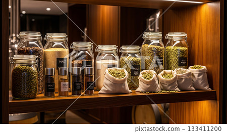 Glass jars and fabric bags filled with various types of malt and hop pellets displayed on wooden shelf in craft brewery. Concept of brewing ingredients, beer production, craft beverage preparation. Glass jars and fabric bags filled with various types of malt and hop pellets displayed on wooden shelf in craft brewery. Concept of brewing ingredients, beer production, craft beverage preparation. 133411200