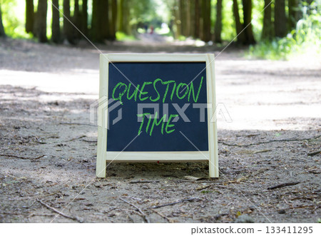 Question Time symbol. Concept word Question Time on chalk blackboard. Beautiful forest background. Business and Question Time concept. Copy space. 133411295