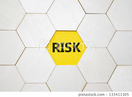Risk symbol. Concept word Risk on wooden comb puzzle. Beautiful yellow background. Business and Risk concept. Copy space. 133411305