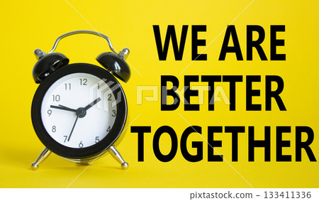 Tell us your story symbol. Beautiful yellow background with alarm clock with words Tell us your story. Business and Tell us your story concept. Copy space. 133411336