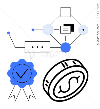 Flowchart with connected nodes, verified badge, and dollar coin icon. Ideal for finance, quality management, data processing, business strategy, certifications process analysis infographics. Line 133411404
