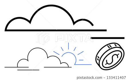 Minimalistic clouds, sunrise lines, and coin with dollar sign. Ideal for finance, economics, investment, business growth, sunrise industries opportunities wealth creation themes. Line metaphor Minimalistic clouds, sunrise lines, and coin with dollar sign. Ideal for finance, economics, investment, business growth, sunrise industries opportunities wealth creation themes. Line metaphor 133411407