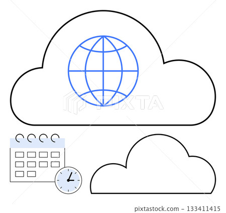 Cloud with globe representing internet storage, smaller cloud, calendar, and clock. Ideal for digital data management, global reach, time management, productivity, scheduling planning cloud Cloud with globe representing internet storage, smaller cloud, calendar, and clock. Ideal for digital data management, global reach, time management, productivity, scheduling planning cloud 133411415