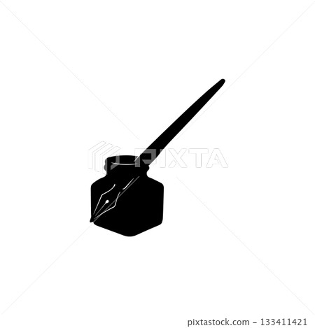 ink bottle with quill pen silhouette writing stationery isolated on white background 133411421
