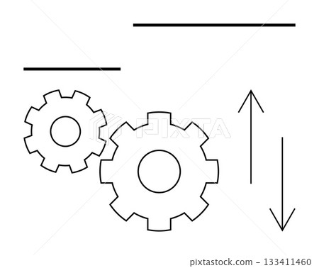 Two interlocking gears and upward-downward arrows signify mechanical interaction and movement dynamics. Ideal for engineering, automation, process design, manufacturing, workflow optimization Two interlocking gears and upward-downward arrows signify mechanical interaction and movement dynamics. Ideal for engineering, automation, process design, manufacturing, workflow optimization 133411460
