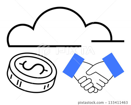 Cloud icon above dollar coin and handshake symbols. Ideal for business, finance, technology, cloud computing, partnerships, digital transactions, and economic growth concepts. Line metaphor Cloud icon above dollar coin and handshake symbols. Ideal for business, finance, technology, cloud computing, partnerships, digital transactions, and economic growth concepts. Line metaphor 133411463