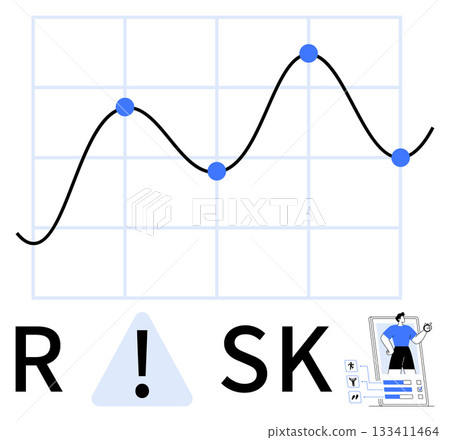 Rising and falling line graph with data points, RISK text featuring an exclamation mark, businessperson on smartphone. Ideal for financial analysis, investments, decision making, forecasting Rising and falling line graph with data points, RISK text featuring an exclamation mark, businessperson on smartphone. Ideal for financial analysis, investments, decision making, forecasting 133411464