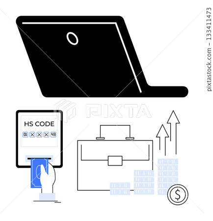 Payment made via card reader, briefcase symbolizing business, graphs with upward arrows, stacks of coins, laptop representing digital transactions. Ideal for finance, business growth, digital 133411473