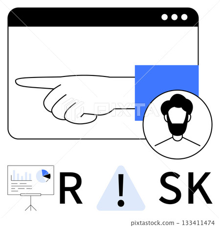 Hand pointing from a browser window, risk assessment graph, user profile, warning triangle. Ideal for risk management, business analysis, project planning, security assessments, data analysis 133411474