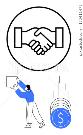 Handshake in a circle, person holding up a panel, and falling coins symbolizing money transactions. Ideal for business deals, partnerships, agreements, financial transactions, teamwork, trust Handshake in a circle, person holding up a panel, and falling coins symbolizing money transactions. Ideal for business deals, partnerships, agreements, financial transactions, teamwork, trust 133411475