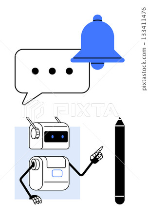 Robot with antennas and robotic arms pointing at a black stylus. Above are blue notification bell and speech bubble with ellipsis. Ideal for technology, communication, AI, notifications, messaging 133411476