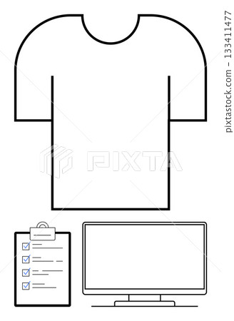 T-shirt with broad neckline, a checklist on a clipboard, and a computer monitor framed in simple black outlines. Ideal for productivity, organization, fashion design, project planning, creative 133411477