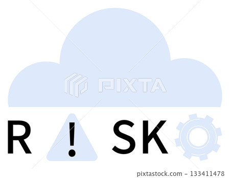 Cloud symbol hovering above the word risk with an exclamation mark inside a triangle replacing the letter I and a gear symbol replacing the letter O. Ideal for risk management, cloud computing, data 133411478