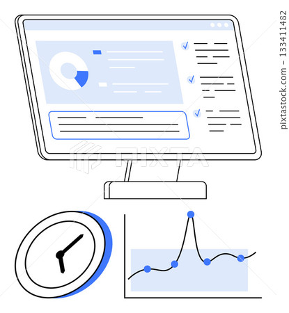 Computer screen clock and line graph in blue tones. Ideal for data analysis, productivity, monitoring, performance, efficiency, organization, technology. Line metaphor Computer screen clock and line graph in blue tones. Ideal for data analysis, productivity, monitoring, performance, efficiency, organization, technology. Line metaphor 133411482