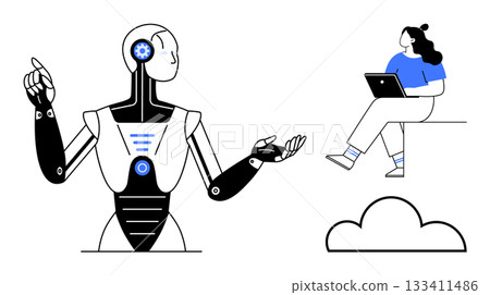 Human working on a laptop, engaging with a robot in a tech-oriented interaction. Ideal for technology, AI innovation, digital learning, futuristic concepts, online collaboration, human-robot Human working on a laptop, engaging with a robot in a tech-oriented interaction. Ideal for technology, AI innovation, digital learning, futuristic concepts, online collaboration, human-robot 133411486