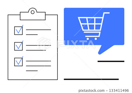Checklist on clipboard next to blue speech bubble containing shopping cart symbol. Ideal for e-commerce, online shopping, task management, productivity, checklists, retail strategies, logistic Checklist on clipboard next to blue speech bubble containing shopping cart symbol. Ideal for e-commerce, online shopping, task management, productivity, checklists, retail strategies, logistic 133411496