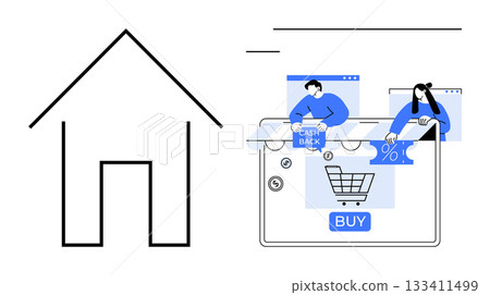 House icon on the left and two individuals shopping online on the right with cashback and discount icons. Ideal for e-commerce, online retail, digital marketing, home shopping, consumer behavior 133411499