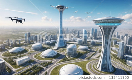 A futuristic smart city and an air traffic control tower managing drone logistics 133411500