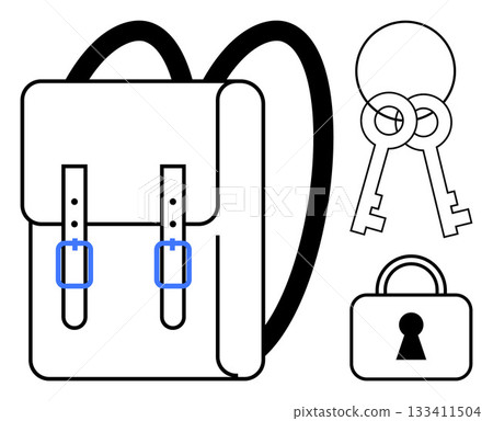 Backpack with buckle straps alongside padlock and two keys. Ideal for topics on security, travel, education, adventure, preparedness, storage, and organization. Line metaphor Backpack with buckle straps alongside padlock and two keys. Ideal for topics on security, travel, education, adventure, preparedness, storage, and organization. Line metaphor 133411504