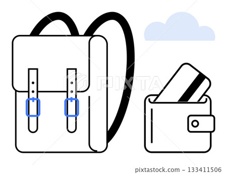 Backpack with double straps and buckles, a wallet containing cards, and a cloud. Ideal for travel, education, finance, organization, outdoors adventure minimalist themes. Line metaphor 133411506