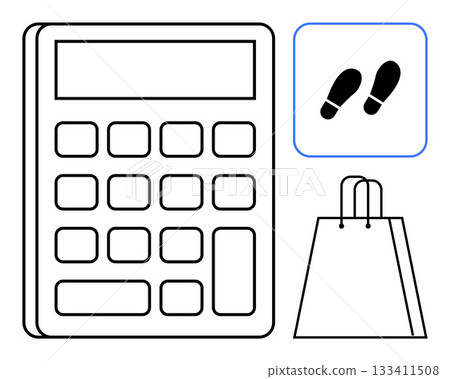 Large digital calculator with numerical buttons, footprint icon suggesting steps, and shopping bag. Ideal for finance, budgeting, shopping, business planning, activity tracking, retail analysis 133411508