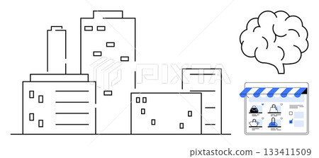 Cityscape with high-rise buildings, storefront with digital products, and brain graphic. Ideal for urban development, innovation, online business, e-commerce, technology, digital marketing and AI 133411509