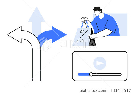 Arrow sign pointing in different directions, person holding shopping bags with discount symbol, video player with play button and progress bar. Ideal for e-commerce, online shopping, sales 133411517