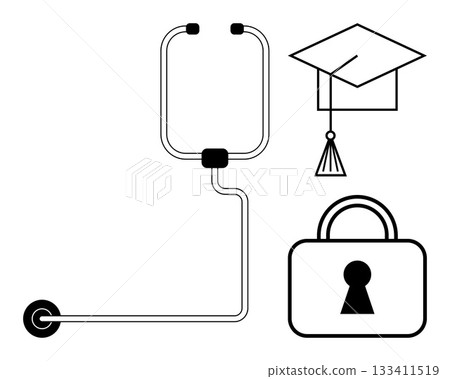 Stethoscope, graduation cap, and padlock arranged to illustrate healthcare, education, and security. Ideal for medical, academic, cybersecurity, protection learning safe practices and professional 133411519