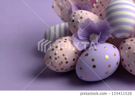 Easter eggs purple background. Easter. 133411526