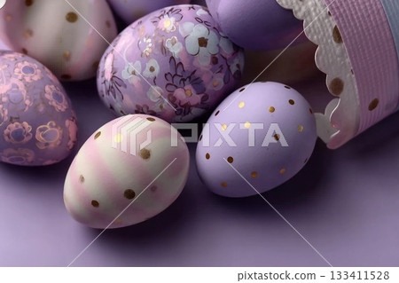 Easter eggs purple background. Easter. 133411528