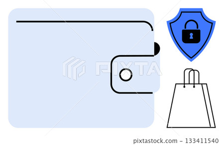 Light blue wallet connected to a security shield and a shopping bag. Ideal for online shopping, e-commerce, secure payments, finance management, online security, digital wallets, consumer protection 133411540