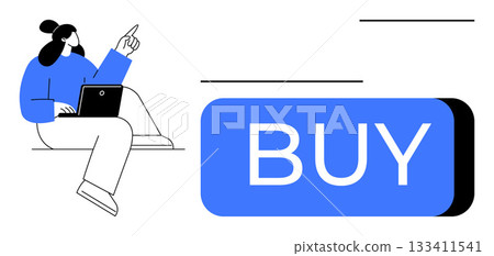 Woman seated with laptop, pointing at a large blue BUY button. Ideal for e-commerce, online shopping, digital marketing, consumer behavior, web design, user experience, and advertising concepts. Line Woman seated with laptop, pointing at a large blue BUY button. Ideal for e-commerce, online shopping, digital marketing, consumer behavior, web design, user experience, and advertising concepts. Line 133411541
