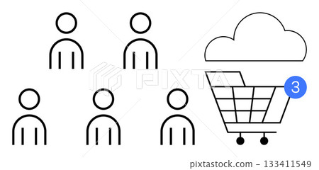 Five stick figure people arranged beside a shopping cart, cloud above, notification badge indicating three items. Ideal for e-commerce, customer management, shopping trends, online marketplace Five stick figure people arranged beside a shopping cart, cloud above, notification badge indicating three items. Ideal for e-commerce, customer management, shopping trends, online marketplace 133411549
