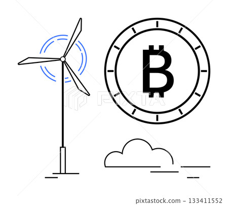 Wind turbine generating energy beside a large Bitcoin symbol and a cloud. Ideal for renewable energy, cryptocurrency, blockchain, eco-friendly technology, digital finance, sustainable investments Wind turbine generating energy beside a large Bitcoin symbol and a cloud. Ideal for renewable energy, cryptocurrency, blockchain, eco-friendly technology, digital finance, sustainable investments 133411552